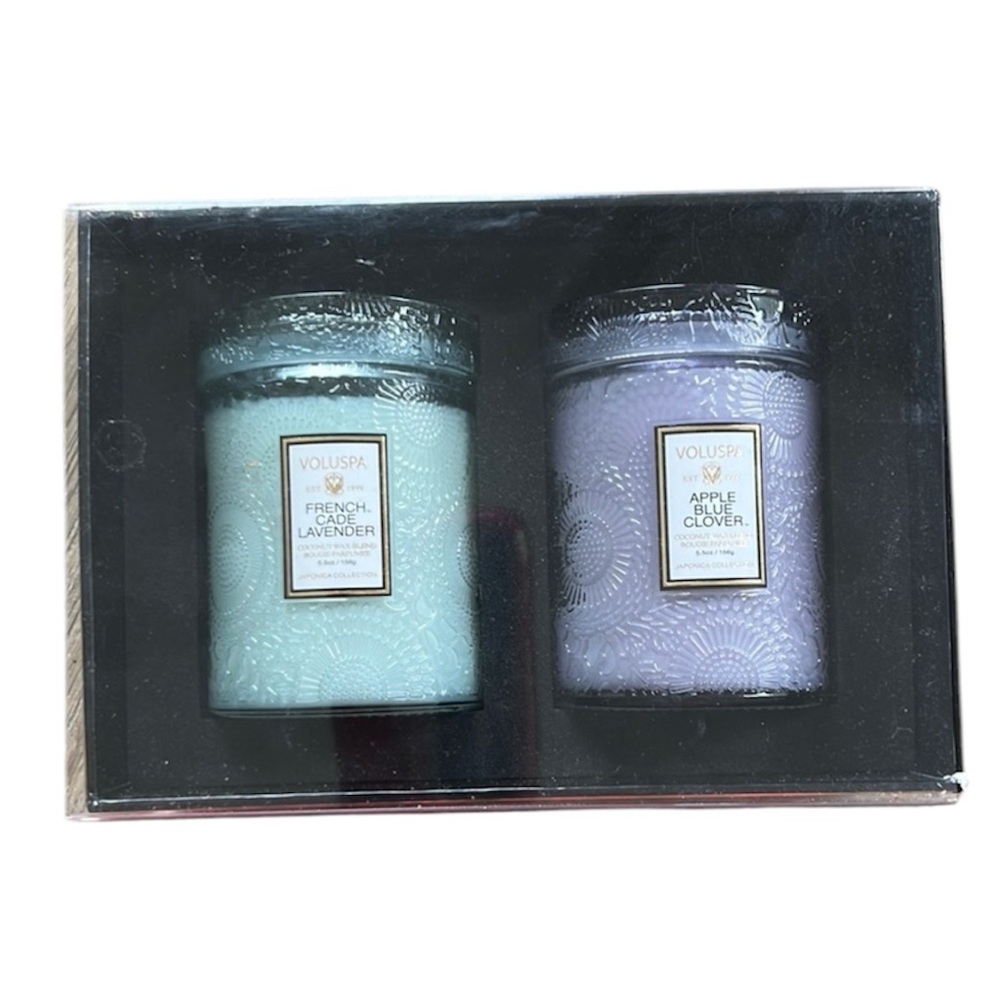 NEW NWT Voluspa French Lavender and Apple Clover Candle Set - Blue and Purple
